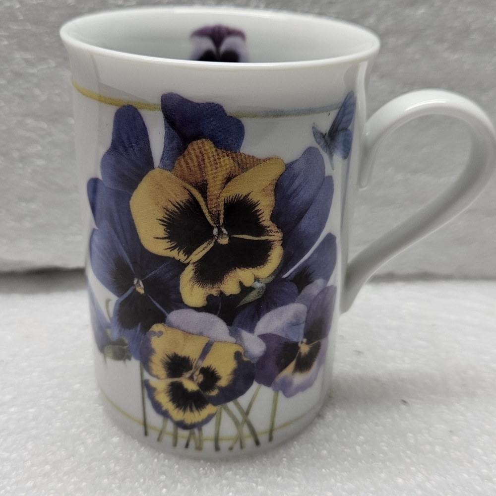 Elegant Floral Mug with Purple and Yellow Blooms